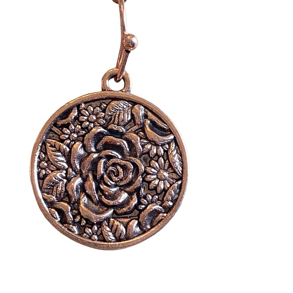 Champagne Rose Gold Rose Engraved Circle Drop Earrings - Picture 2 of 5